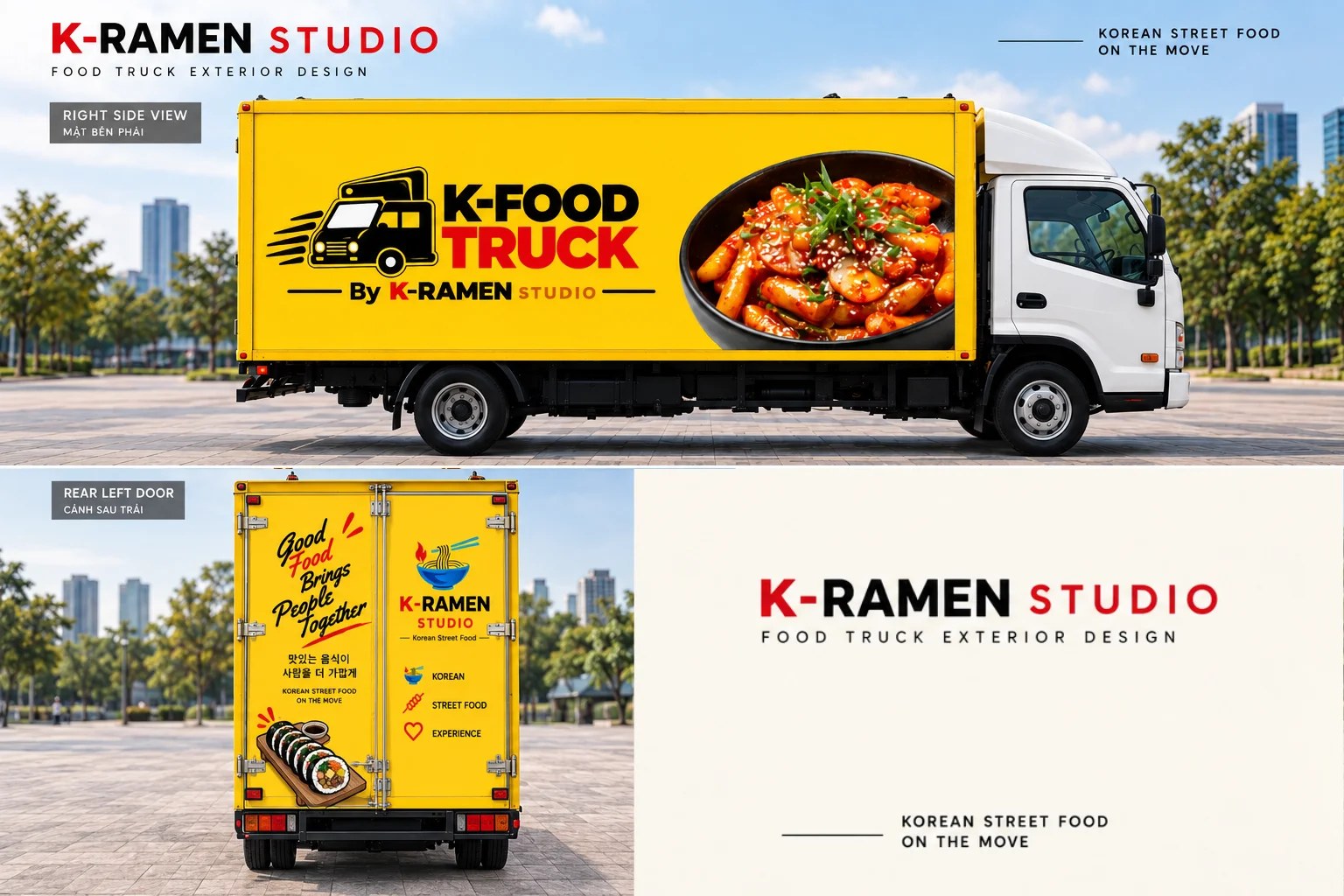 K-Ramen Studio food truck exterior design: right side view and rear door