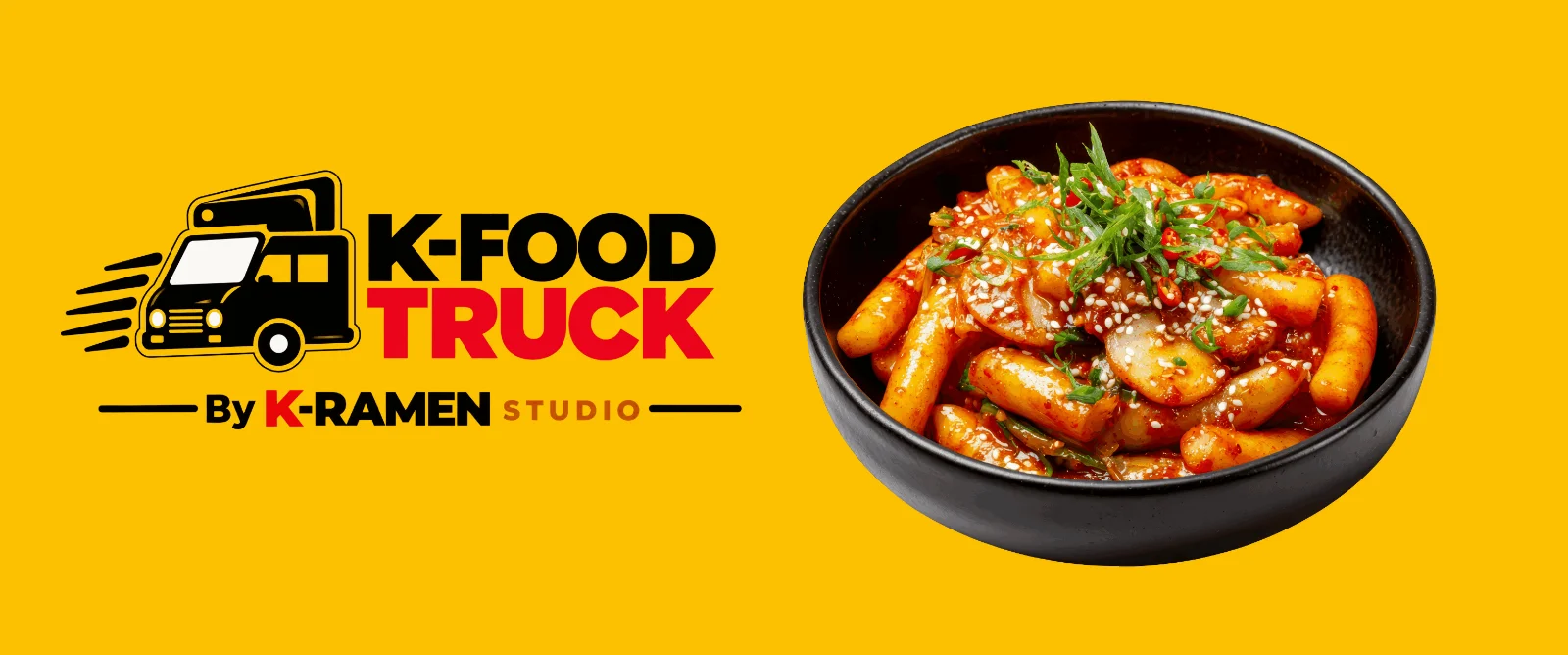 Final yellow K-Food Truck exterior design with tteokbokki and the K-Food Truck logo