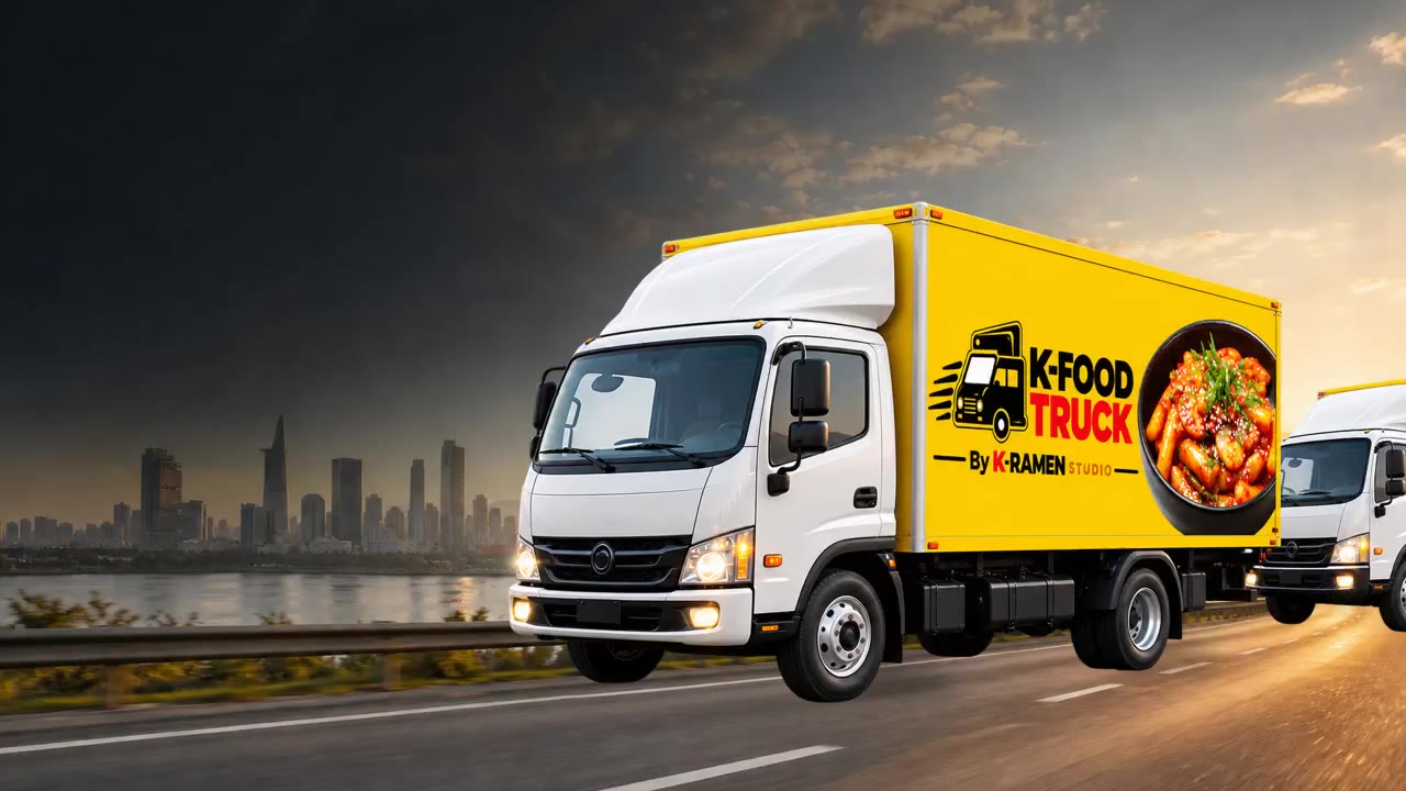 Two yellow K-Food Trucks driving on the road