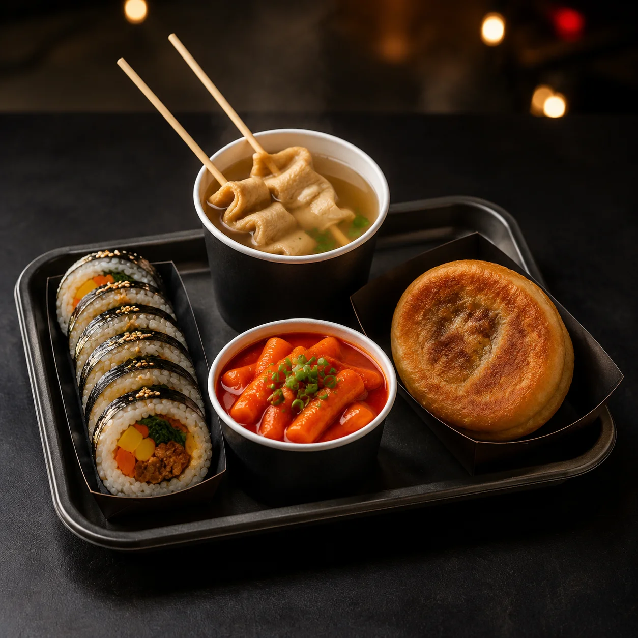 Market Sampler: kimbap + tteokbokki + odeng + hotteok