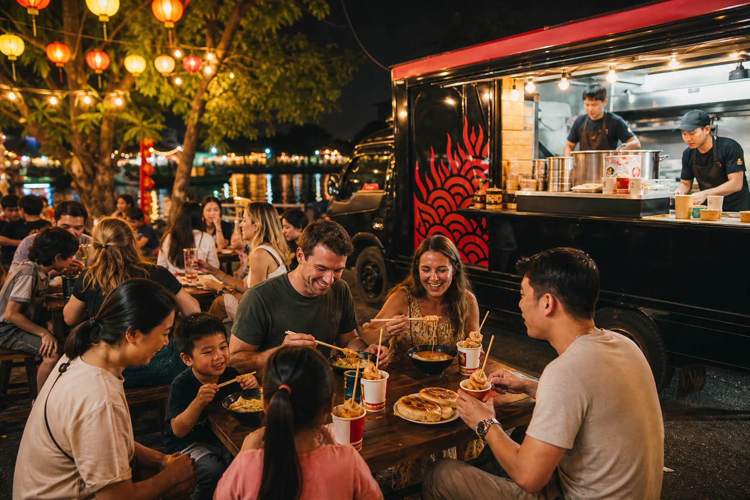 K-Food Truck serving customers at a night event