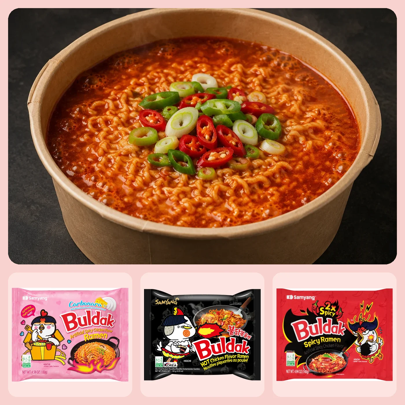 Samyang Buldak original pack with Carbonara, Original and 2x Spicy