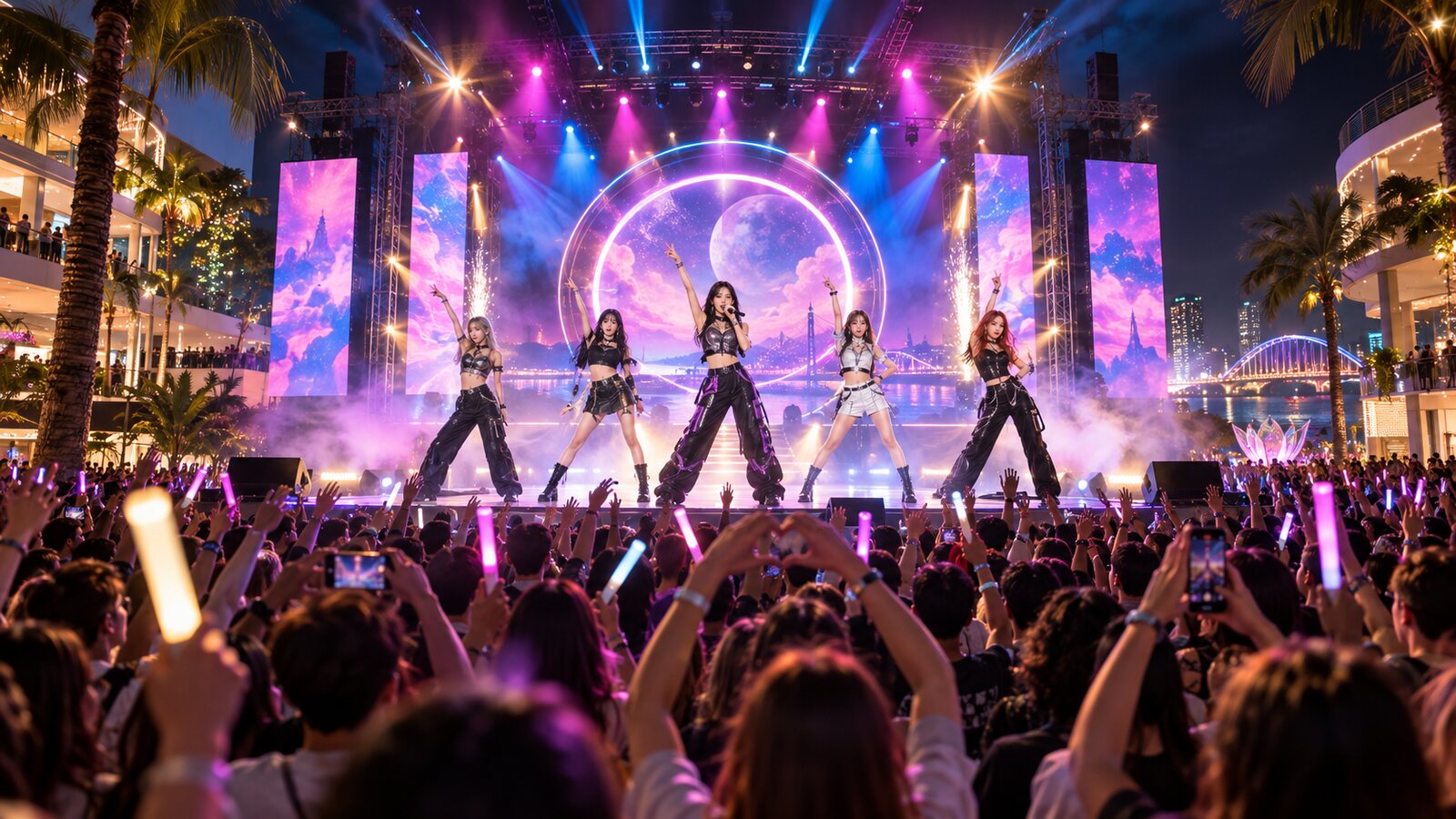 Outdoor K-POP stage at HELIO — AI concept visual