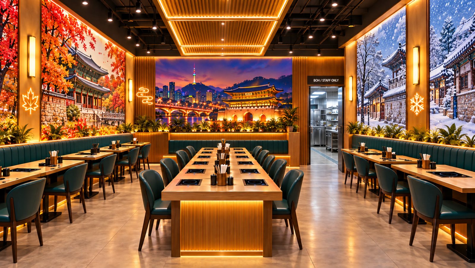 Illustrative 3D concept of dining seats with personal induction, autumn murals, snowy winter scene and back-of-house entrance