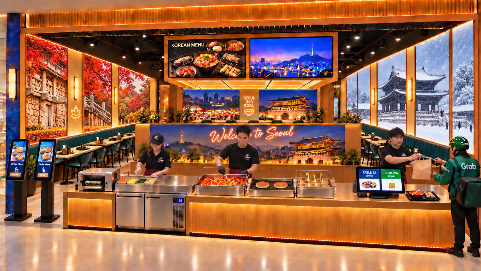 Illustrative 3D concept of the open cooking line with two order kiosks, kimbap, tteokbokki, odeng and hotteok and takeaway pickup